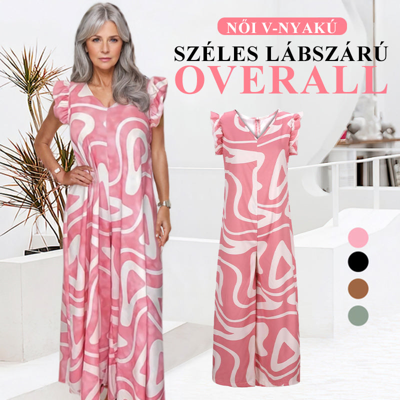 🌸 Kombinezon damski z geometrycznym wzorem i dekoltem w serek, z szerokimi nogawkami