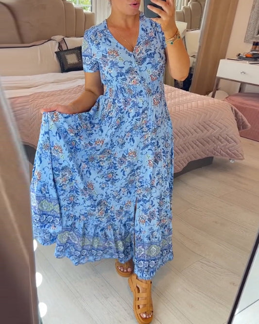 💝 Sukienka z kwiatowym nadrukiem i dekoltem w serek