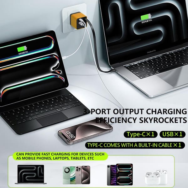 Ładowarka GaN 3 w 1, skalowalny moduł szybkiej ładowarki 80 W MAX z kablem typu C i 2 portami USB