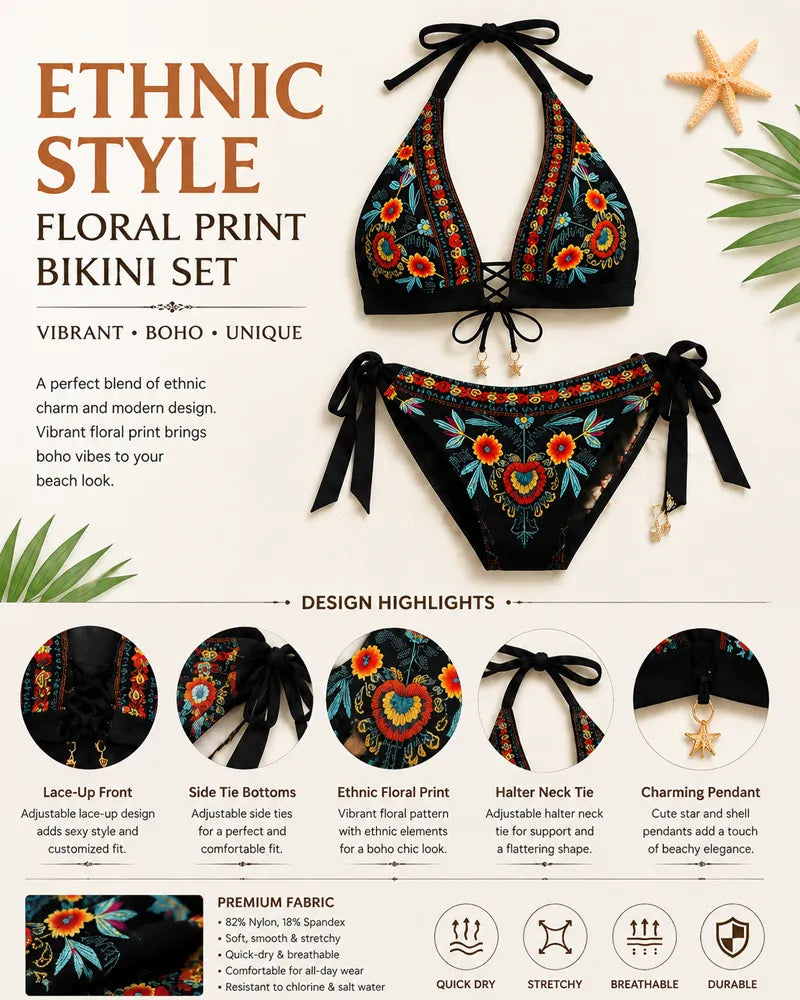 Ženski bikini komplet z etničnim cvetličnim potiskom