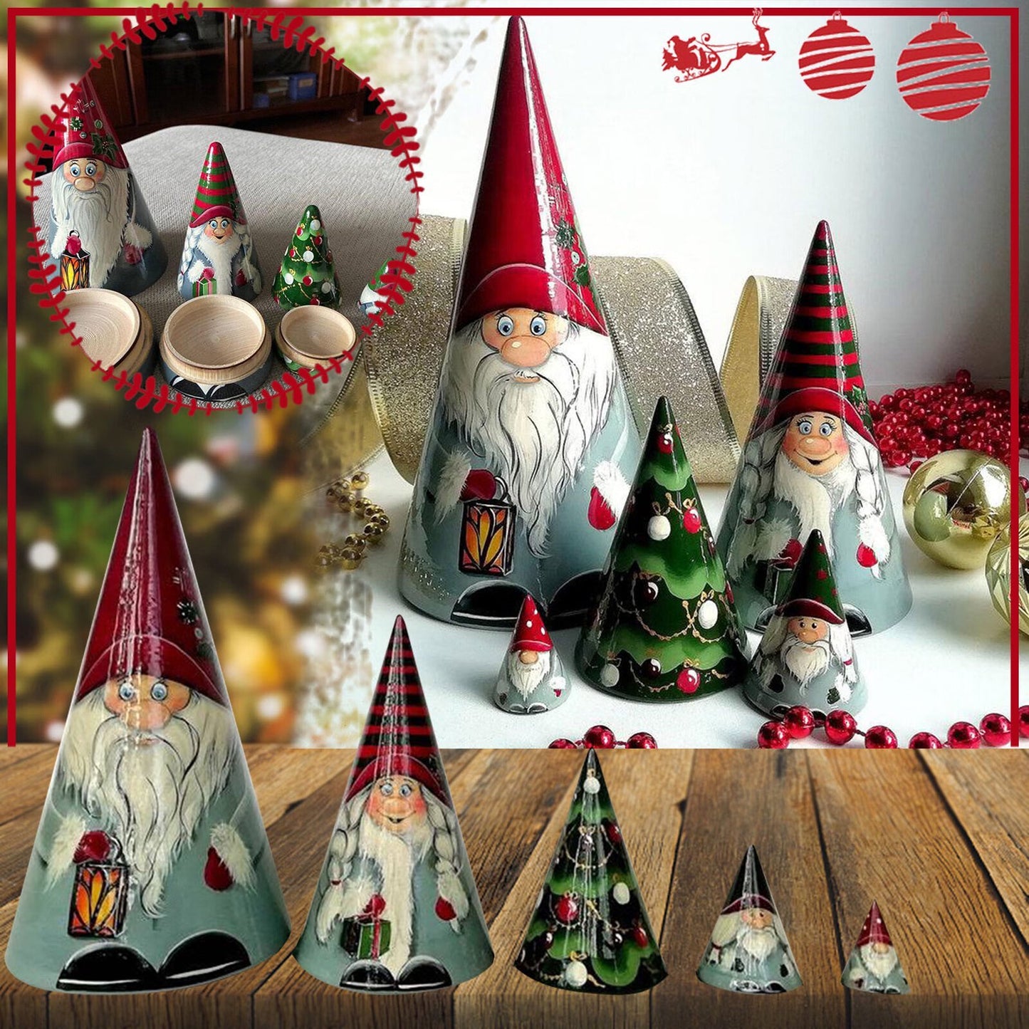 🎅Ręcznie robione skandynawskie krasnale, drewniane lalki matrioszki (5 szt)