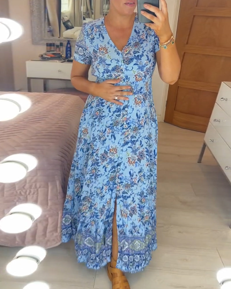 💝 Sukienka z kwiatowym nadrukiem i dekoltem w serek