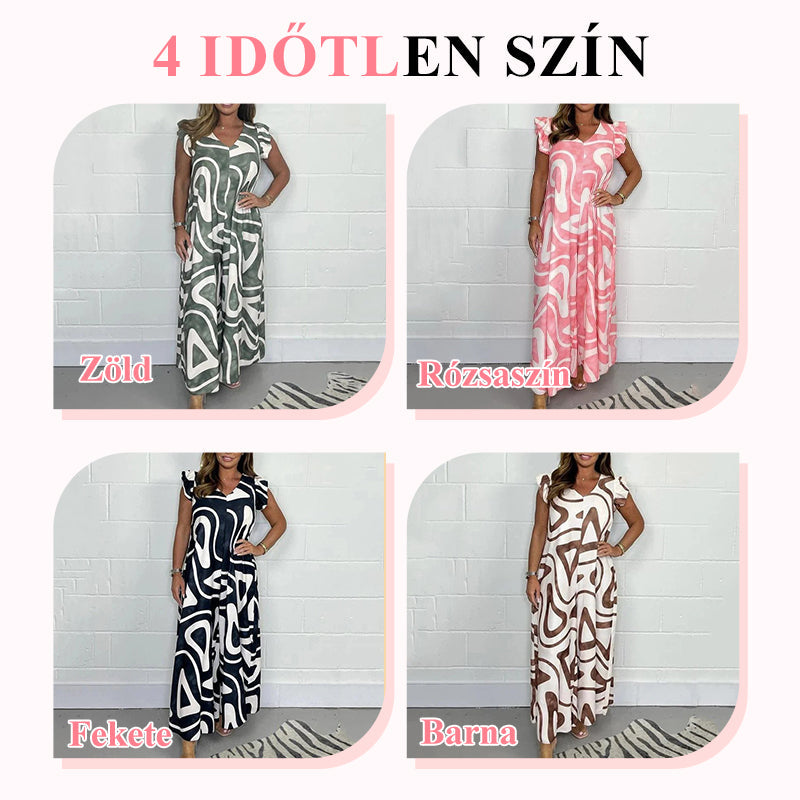 🌸 Kombinezon damski z geometrycznym wzorem i dekoltem w serek, z szerokimi nogawkami