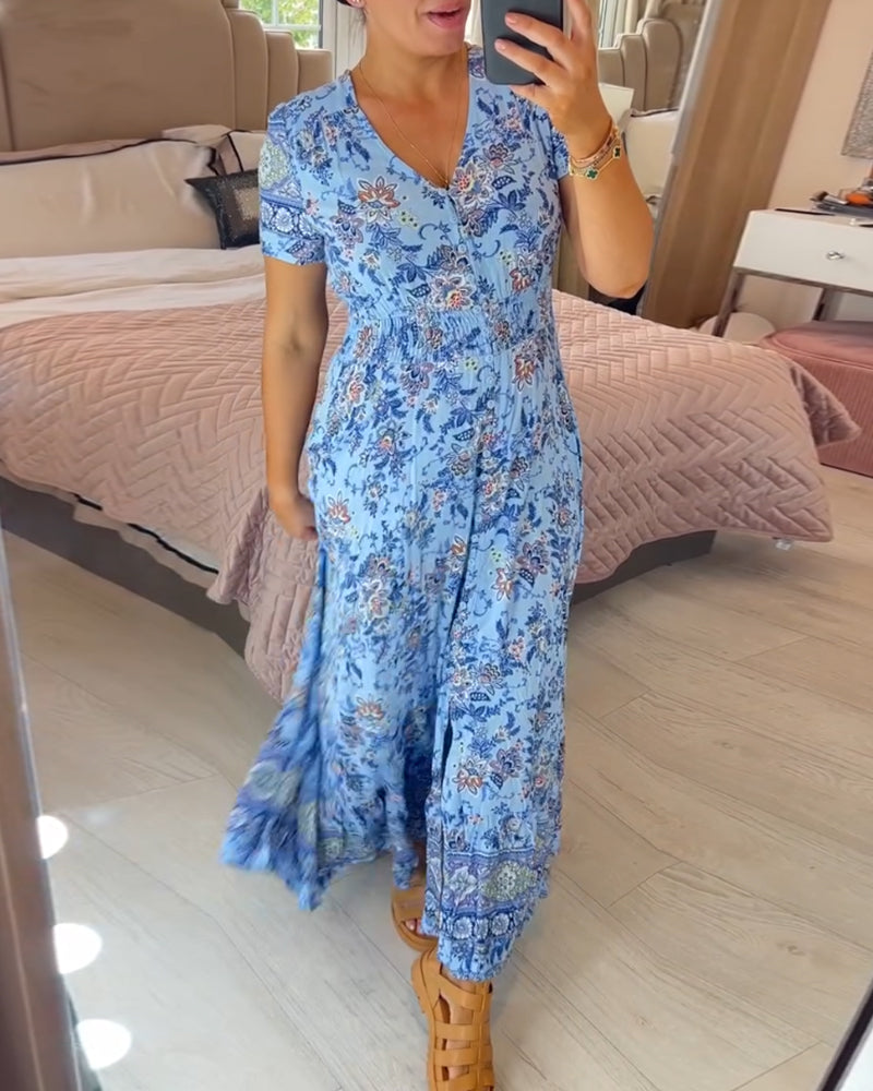 💝 Sukienka z kwiatowym nadrukiem i dekoltem w serek
