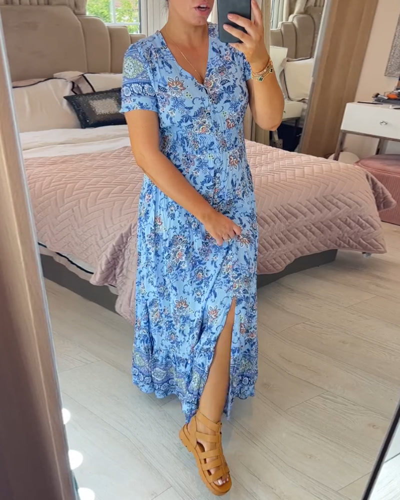 💝 Sukienka z kwiatowym nadrukiem i dekoltem w serek