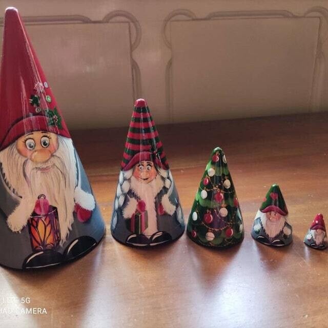 🎅Ręcznie robione skandynawskie krasnale, drewniane lalki matrioszki (5 szt)