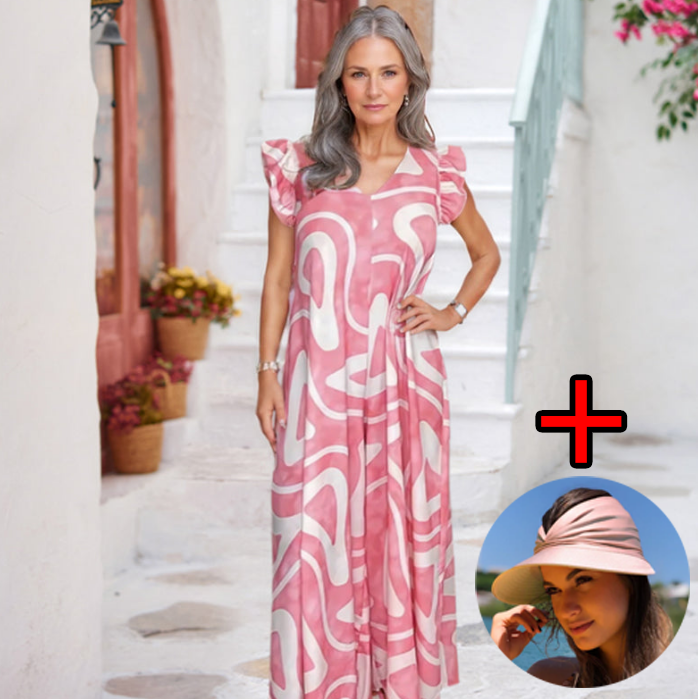 🌸 Kombinezon damski z geometrycznym wzorem i dekoltem w serek, z szerokimi nogawkami