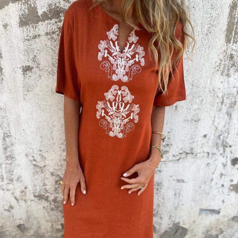 💋Damska sukienka z bawełny i lnu z krótkimi rękawami i nadrukiem w kształcie litery V