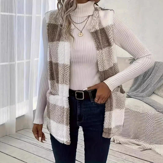 👚Damowa puszysta kamizelka w kratę