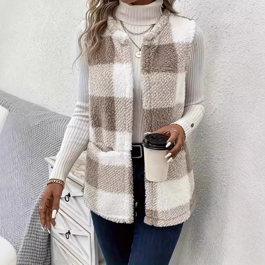👚Damowa puszysta kamizelka w kratę