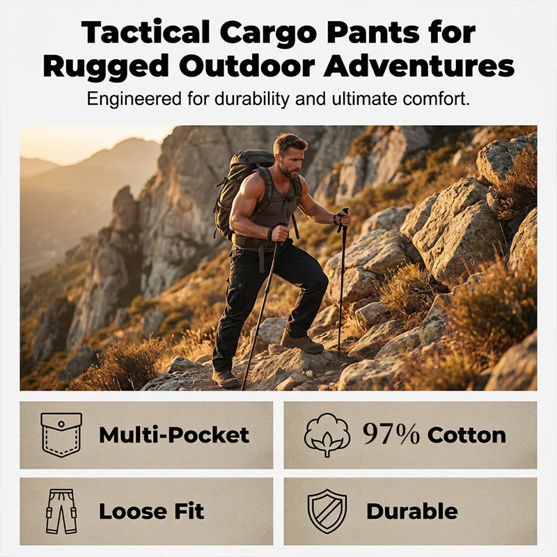 👖🛠️ Moške taktične hlače iz 100 % bombaža, v kaki barvi - z veliko žepi