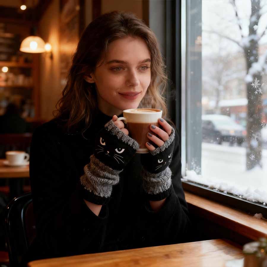 ❄️😻 Rękawiczki bez palców z haftem kota – ciepłe i stylowe na zimę ❄️