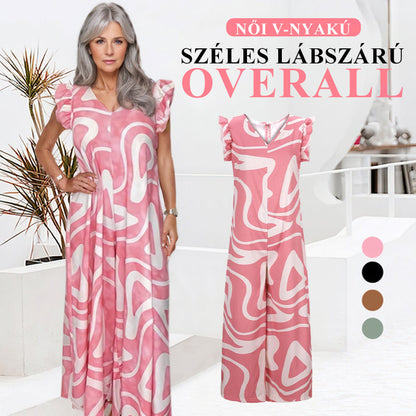 🌸 Kombinezon damski z geometrycznym wzorem i dekoltem w serek, z szerokimi nogawkami