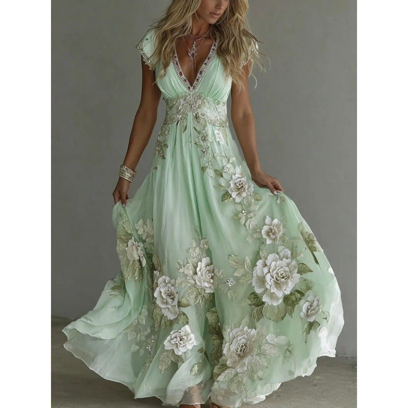 Ženska elegantna obleka iz šifona z globokim V-izrezom in vezeno čipko