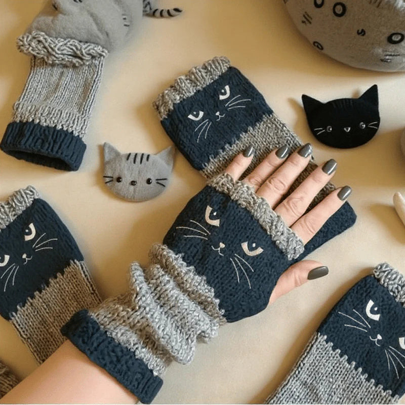 ❄️😻 Rękawiczki bez palców z haftem kota – ciepłe i stylowe na zimę ❄️