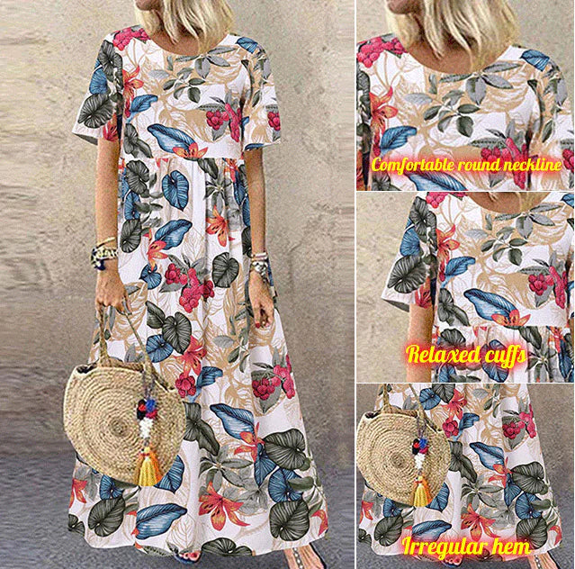 🥻 Novo elegantno dolgo krilo z okroglim izrezom in retro potiskom za ženske