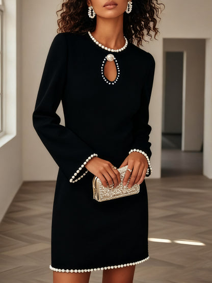 Stylish Long Sleeve Straight Dress-openwork neckline and pearl embellishments