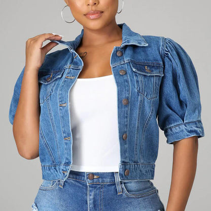 Ženska jeans jakna s kratkimi in napihnjenimi rokavi