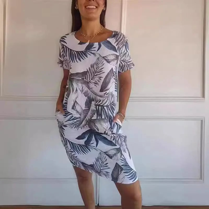 🌼Ženska obleka z okroglim izrezom iz bombaža in lana s potiskom