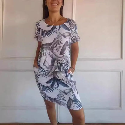 🌼Ženska obleka z okroglim izrezom iz bombaža in lana s potiskom