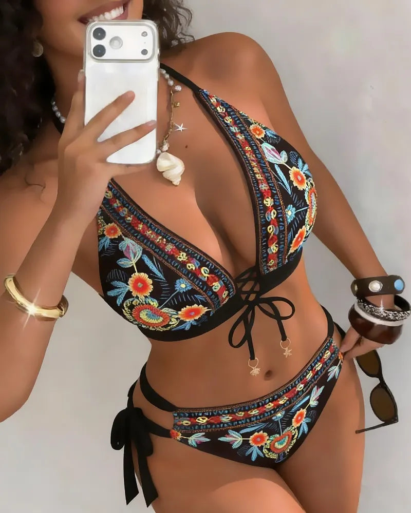 Ženski bikini komplet z etničnim cvetličnim potiskom