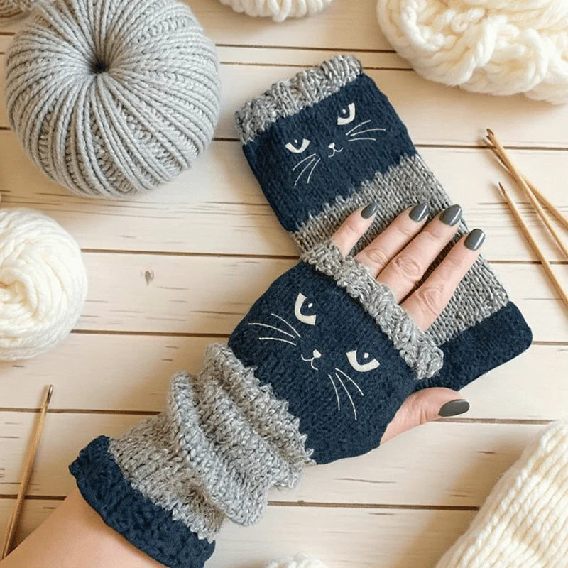 ❄️😻 Rękawiczki bez palców z haftem kota – ciepłe i stylowe na zimę ❄️