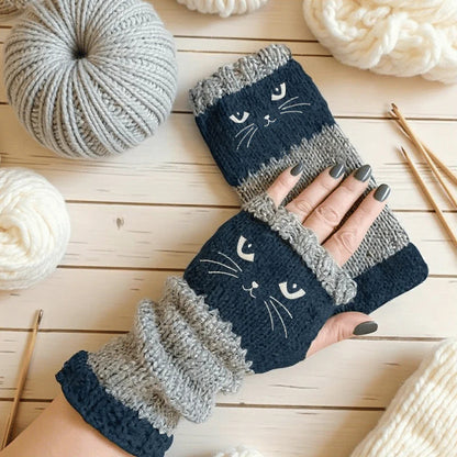 ❄️😻 Rękawiczki bez palców z haftem kota – ciepłe i stylowe na zimę ❄️