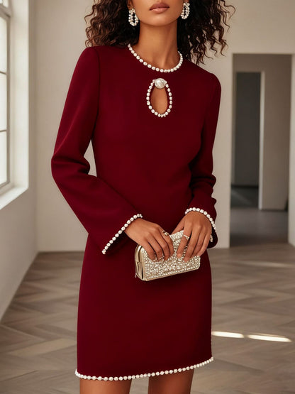 Stylish Long Sleeve Straight Dress-openwork neckline and pearl embellishments