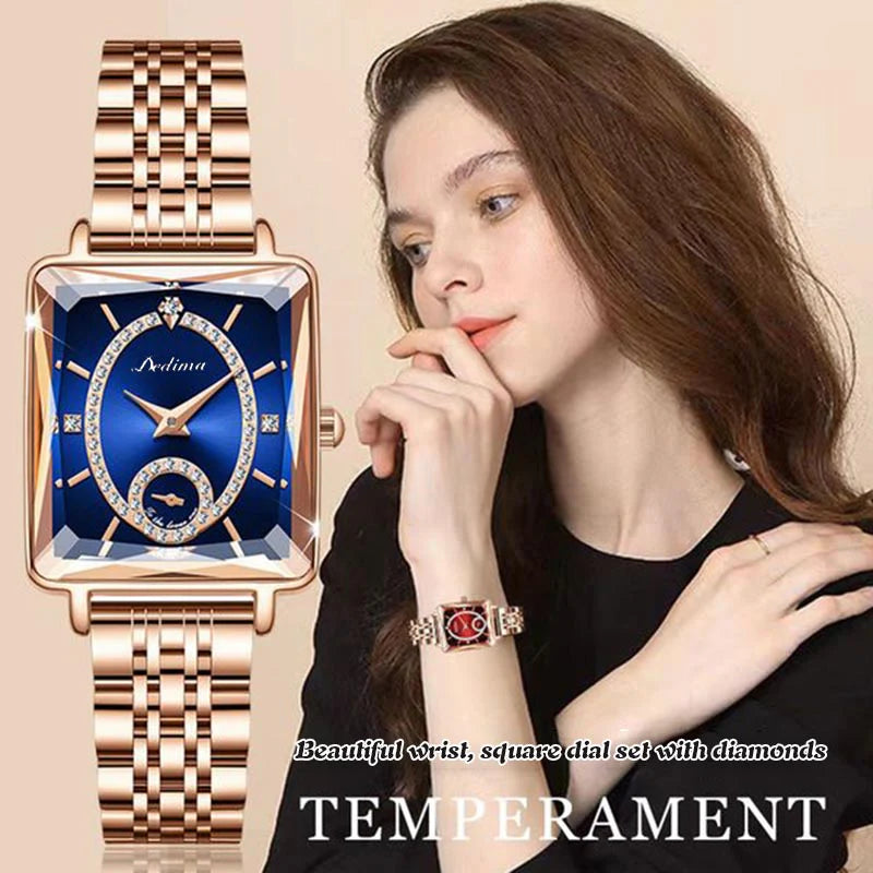 💎Modna kvadratna ženska ura iz rožnatega zlata z diamanti
