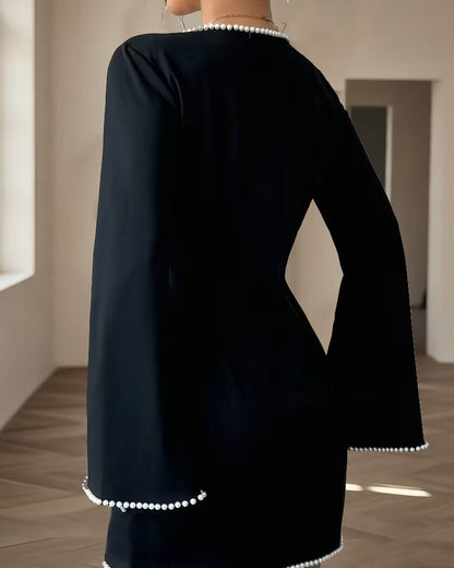 Stylish Long Sleeve Straight Dress-openwork neckline and pearl embellishments