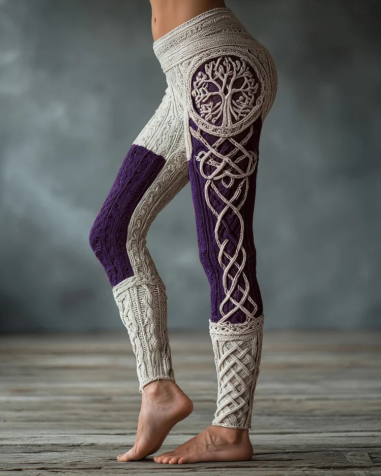 Leginsy Vintage Viking z motywem celtyckiego węzła i żakardową dzianiną w kształcie drzewa życia
