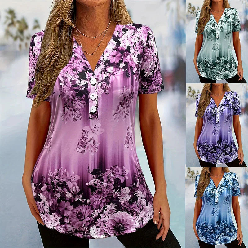 👚 50 % POPUST! 🌸 Elegantna ženska majica s kratkimi rokavi in cvetličnim potiskom – Lahkotna tkanina, romantičen dizajn in popolna za tople dni ☀️