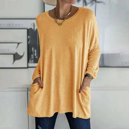 Ženska majica s kratkimi rokavi, žepom, dolgimi rokavi in okroglim ovratnikom