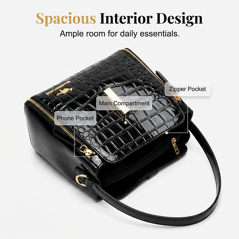 👜✨ Svetleča ženska torbica s krokodiljim vzorcem - strukturirana, zlati detajli, prostorna in elegantna 💼