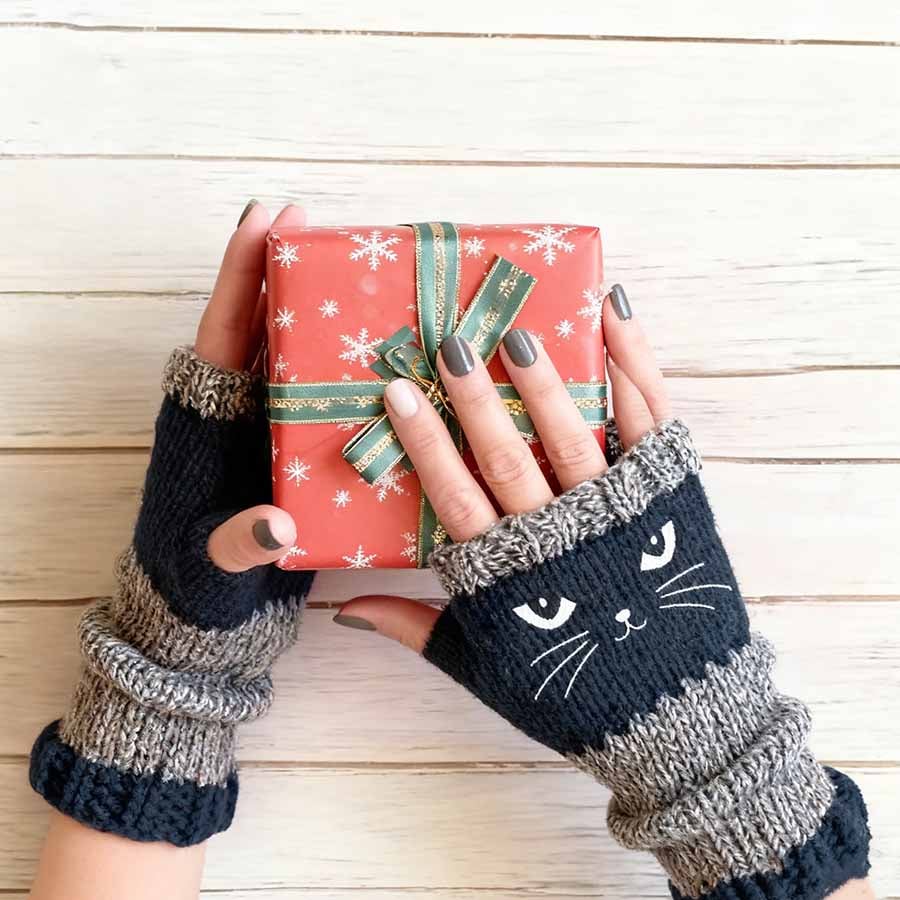 ❄️😻 Rękawiczki bez palców z haftem kota – ciepłe i stylowe na zimę ❄️