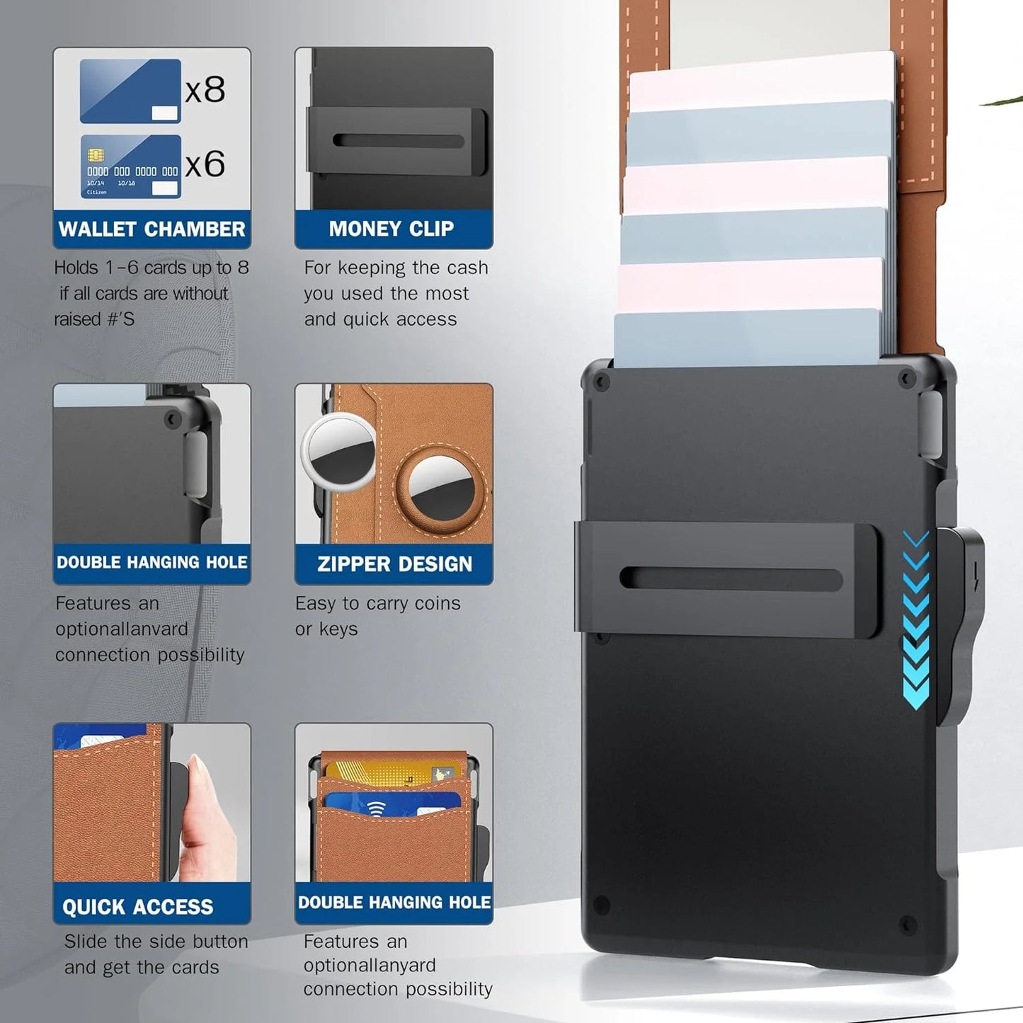 ✨Moška denarnica AirTag - z izvlečnim aluminijastim ohišjem, sponko za bankovce, finimi usnjenimi utori, držalom za kreditne kartice, RFID zaklepanjem, minimalistično dvojno prepogljivo denarnico