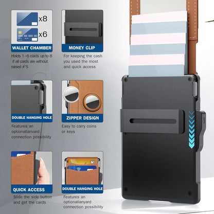 ✨Moška denarnica AirTag - z izvlečnim aluminijastim ohišjem, sponko za bankovce, finimi usnjenimi utori, držalom za kreditne kartice, RFID zaklepanjem, minimalistično dvojno prepogljivo denarnico