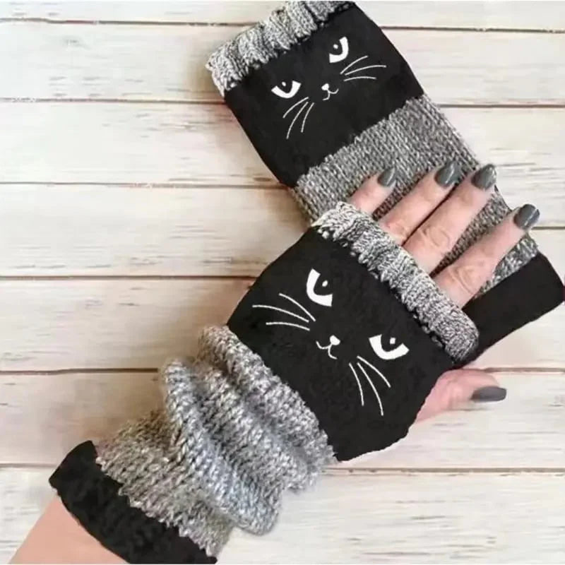 ❄️😻 Rękawiczki bez palców z haftem kota – ciepłe i stylowe na zimę ❄️