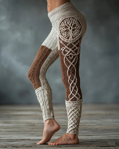 Leginsy Vintage Viking z motywem celtyckiego węzła i żakardową dzianiną w kształcie drzewa życia