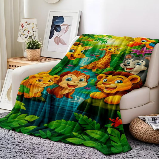 Pluszowy koc flanelowy z nadrukiem kreskówkowej dżungli