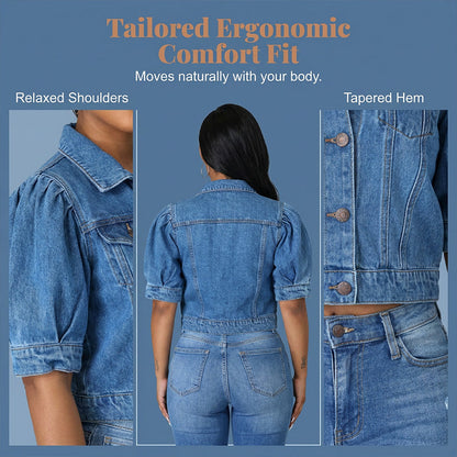 Ženska jeans jakna s kratkimi in napihnjenimi rokavi