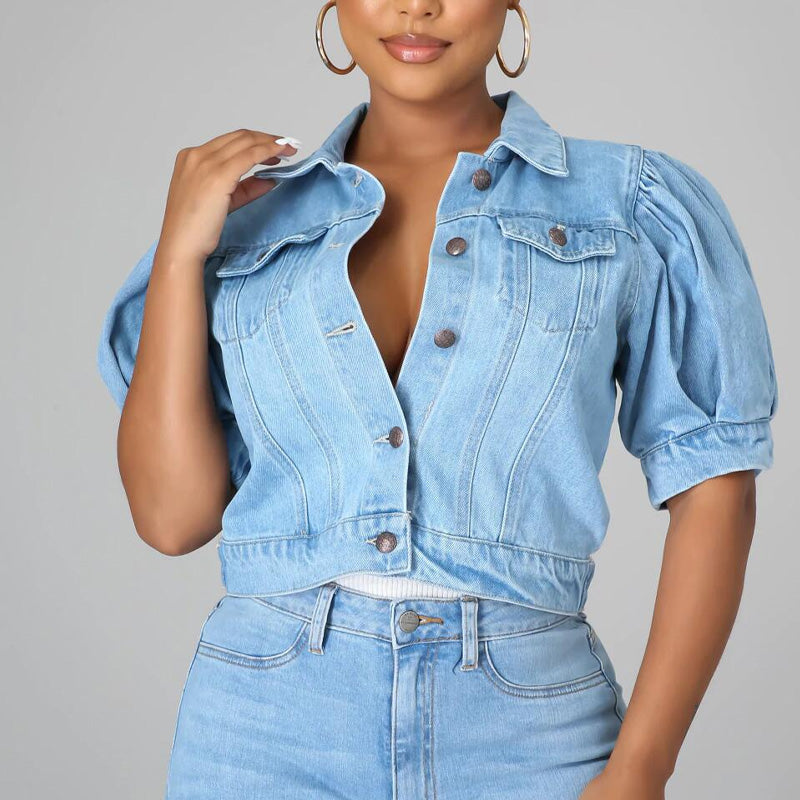 Ženska jeans jakna s kratkimi in napihnjenimi rokavi