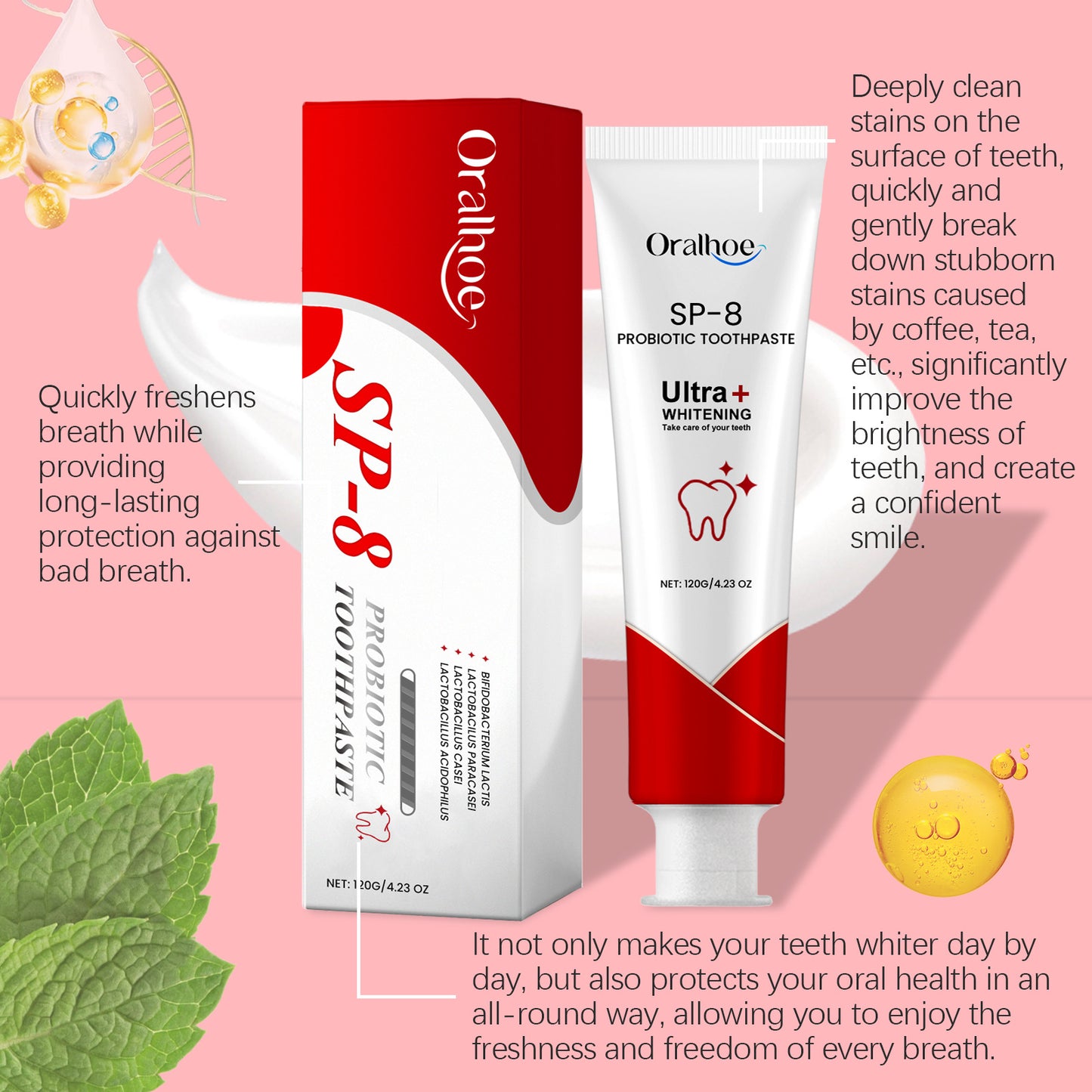 Pasta do zębów Oralhoe Probiotic Mint Sp8, świeży oddech, usuwa płytkę nazębną, rozjaśnia i redukuje żółte przebarwienia u palaczy