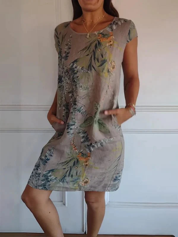 🌼Ženska obleka z okroglim izrezom iz bombaža in lana s potiskom
