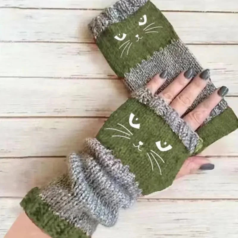 ❄️😻 Rękawiczki bez palców z haftem kota – ciepłe i stylowe na zimę ❄️