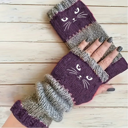 ❄️😻 Rękawiczki bez palców z haftem kota – ciepłe i stylowe na zimę ❄️