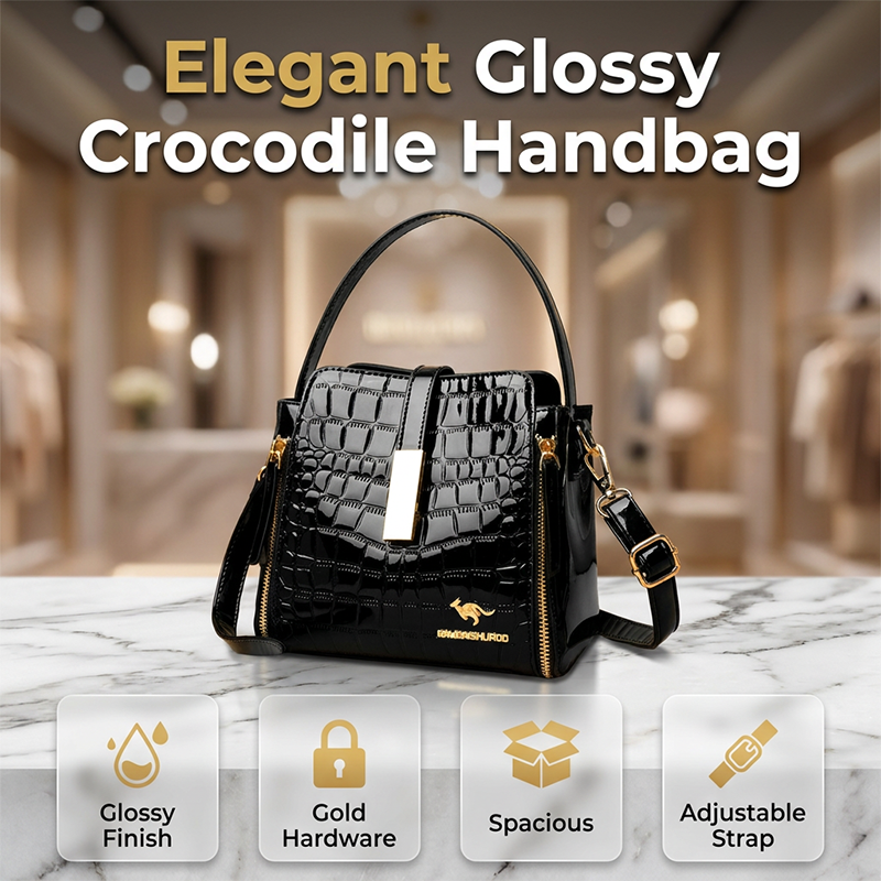 👜✨ Svetleča ženska torbica s krokodiljim vzorcem - strukturirana, zlati detajli, prostorna in elegantna 💼