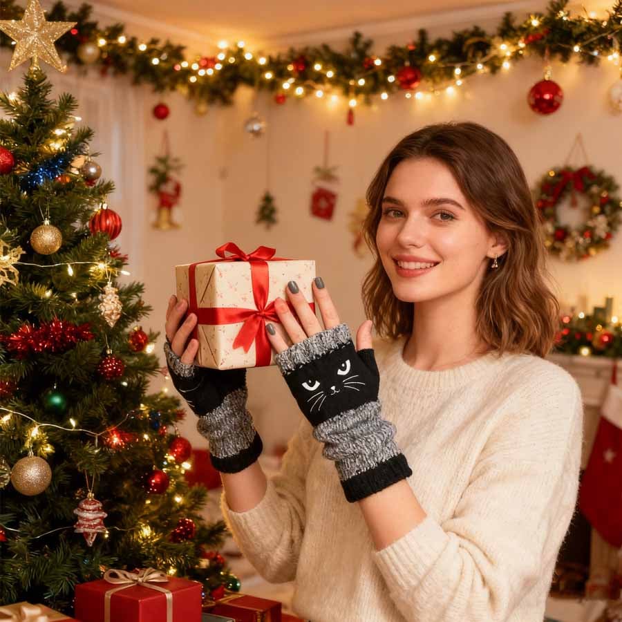 ❄️😻 Rękawiczki bez palców z haftem kota – ciepłe i stylowe na zimę ❄️