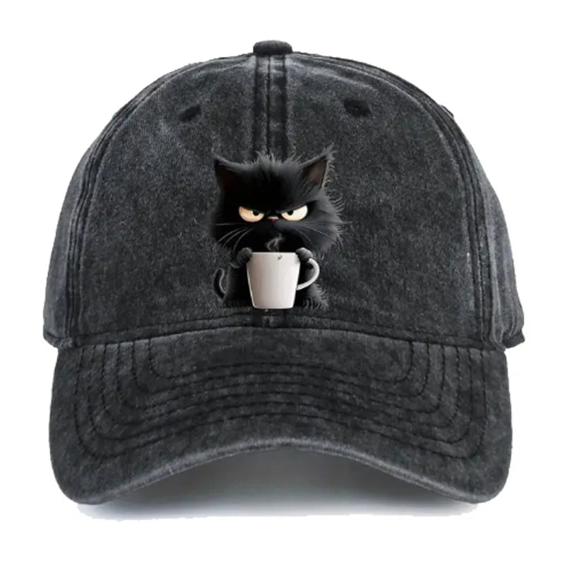 😻Urocza, czarna czapka baseballowa w stylu vintage z kotem