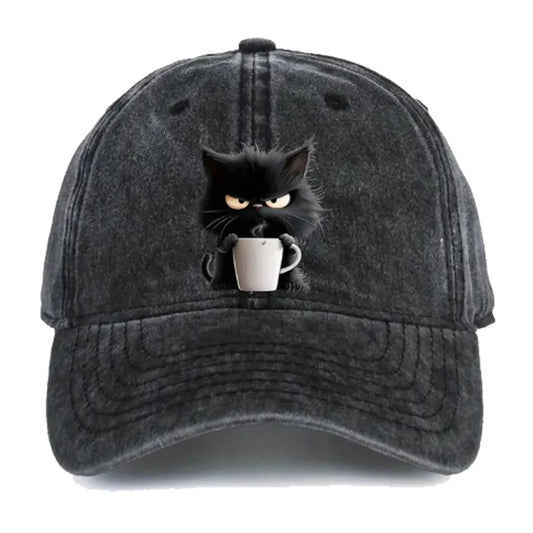 😻Urocza, czarna czapka baseballowa w stylu vintage z kotem